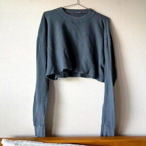 John Galt Brandy Melville Blue Waffle Knit Thermal Long Sleeve Crop Top